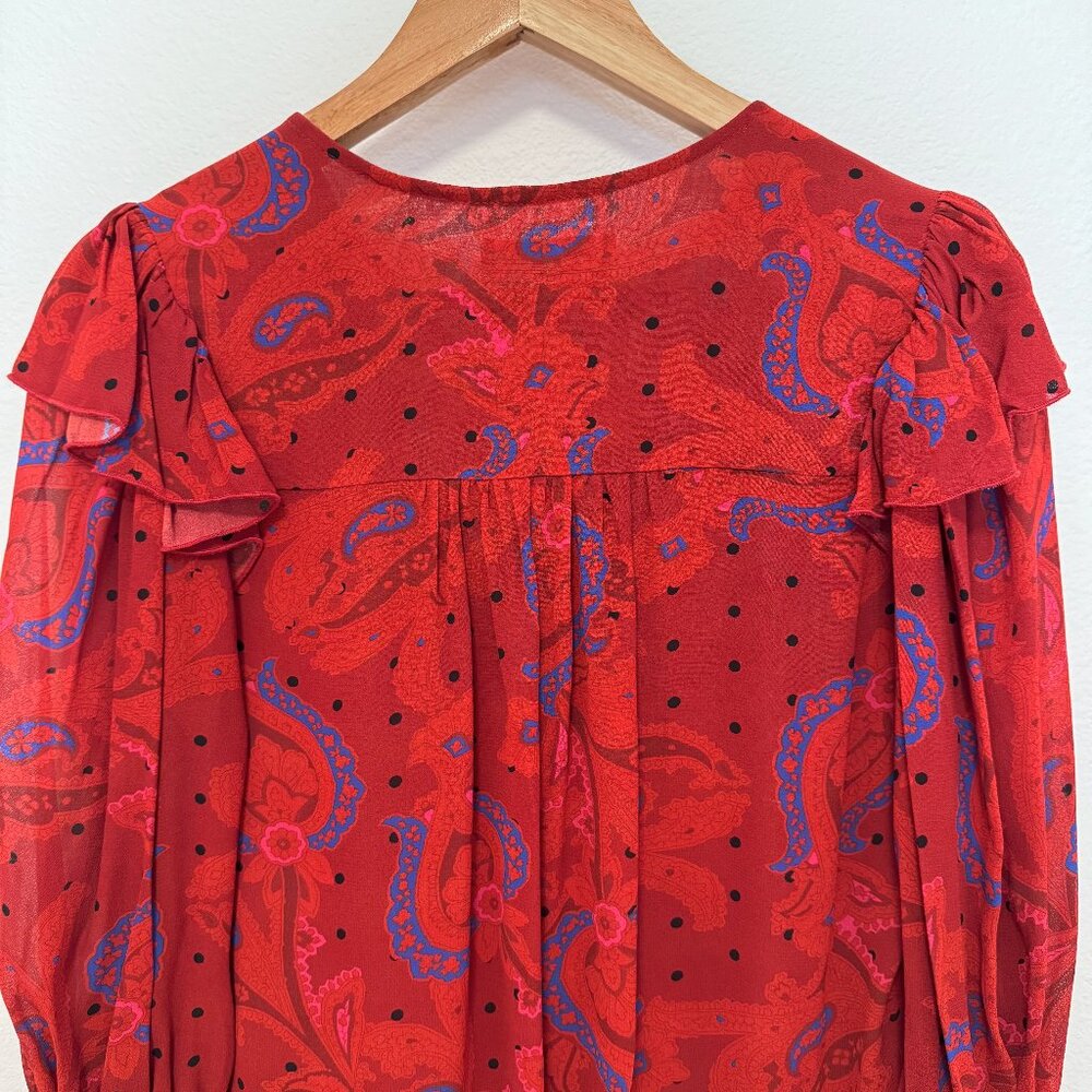 Ted Baker MiB Engels Red Ruffle Self Tie Crepe Paisley Print Blouse Size 1 Small - Picture 5 of 11
